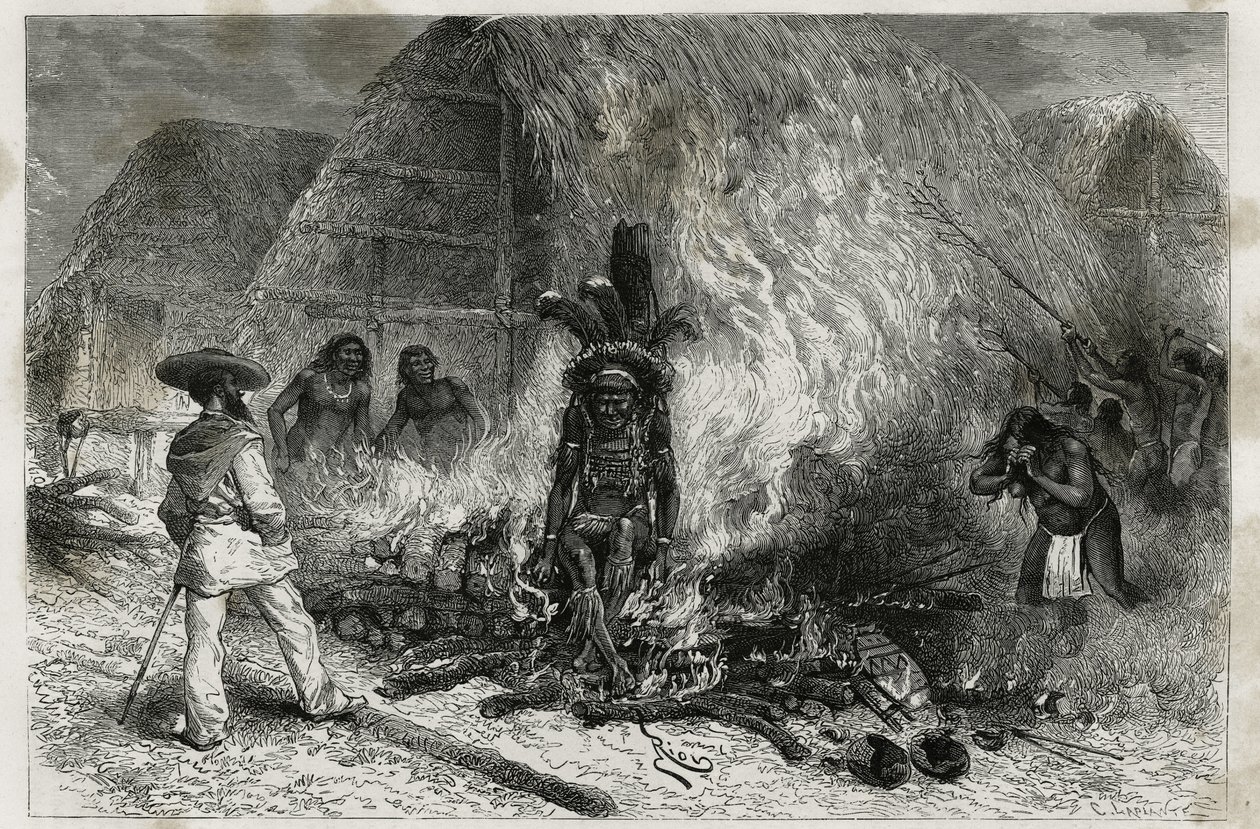The cremation of a Roucouyenne (or Wayana) (engraving by Riou, to illustrate the voyage of exploration in the interior of Guiana by Dr. Jules Crevaux, doctor of the French navy) by Edouard Riou