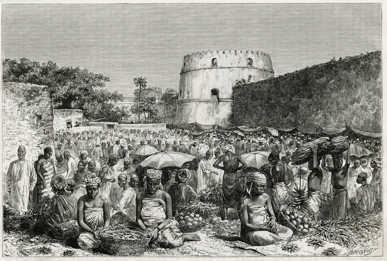 The Fruit Market of Zanzibar (Tanzania). Engraving by Riou, to illustrate the story 