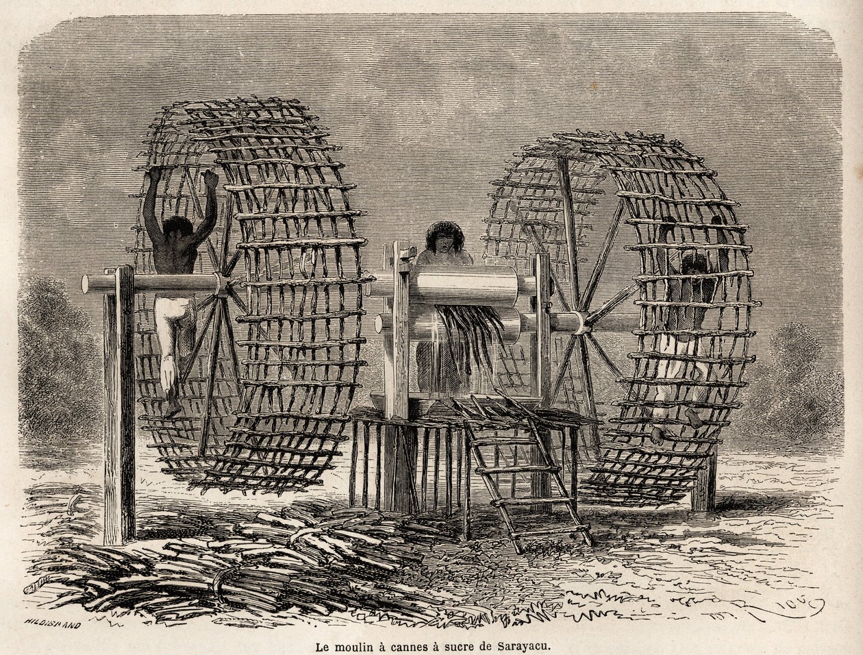 The mill to grind sugar cane from Sarayacu (Peru), drawing by Riou, to illustrate Paul Marcoy