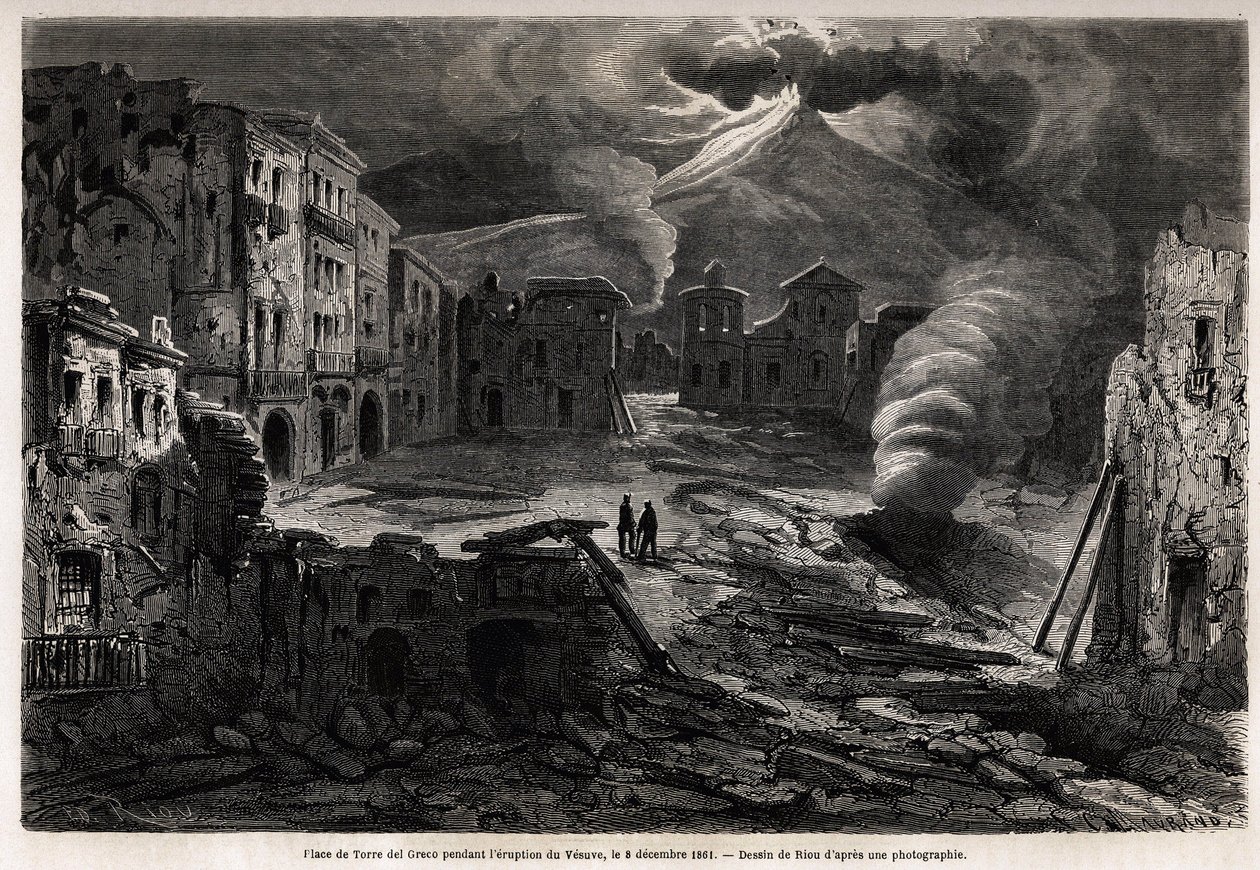 The square of Torre del Greco, during the eruption of the Vesuvius, 8 December 1861, drawing by Riou, to illustrate the walks around Naples by Marc Monnier, in 1862. Engraving in 
