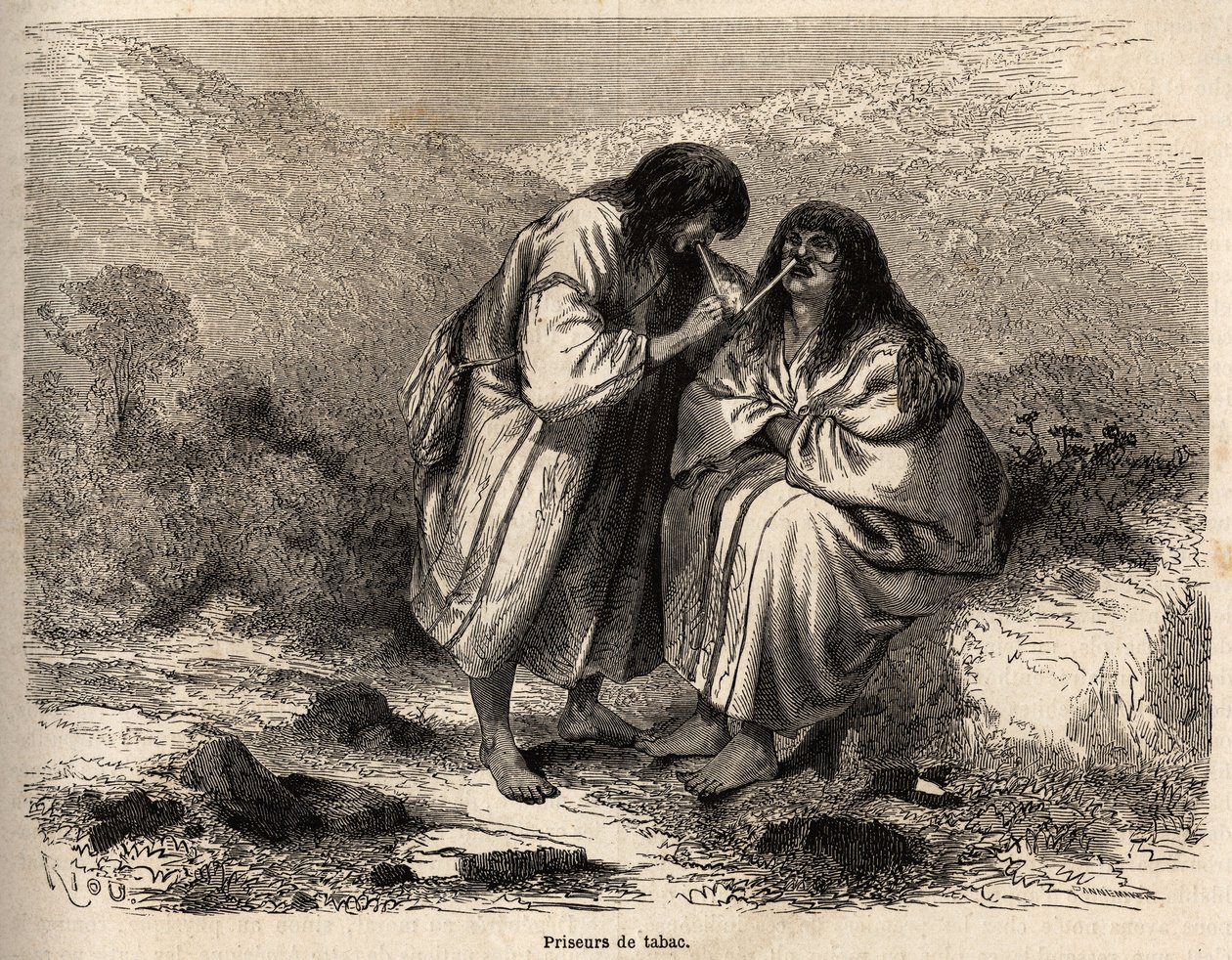 Tobacco auctioners, makeup according to the tradition of the tribe of the Antis (Peru), drawing by Riou, illustrating Paul Marcoy