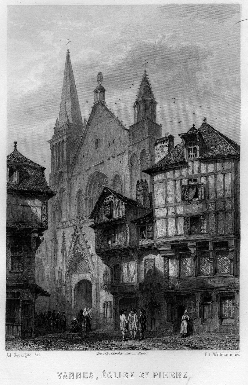 View of the city of Vannes and the Church of Saint Pierre, Morbihan, Brittany, France. Engraving by Willmann in 