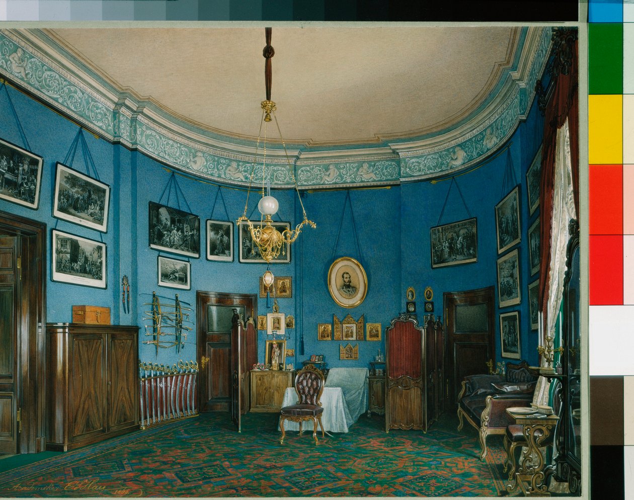 Interiors of the Winter Palace - The Bedroom of Crown Prince Nikolay Aleksandrovich - Watercolour on Paper by Eduard Hau by Eduard Hau