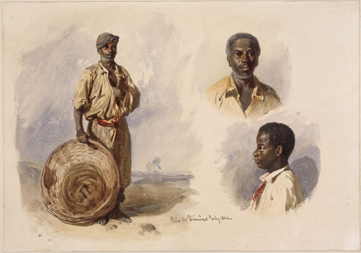 Three Portraits of Afro-Brazilians: Full Figure, Standing with Basket, Bust of a Man Facing Forward, and a Boy in Profile by Eduard Hildebrandt
