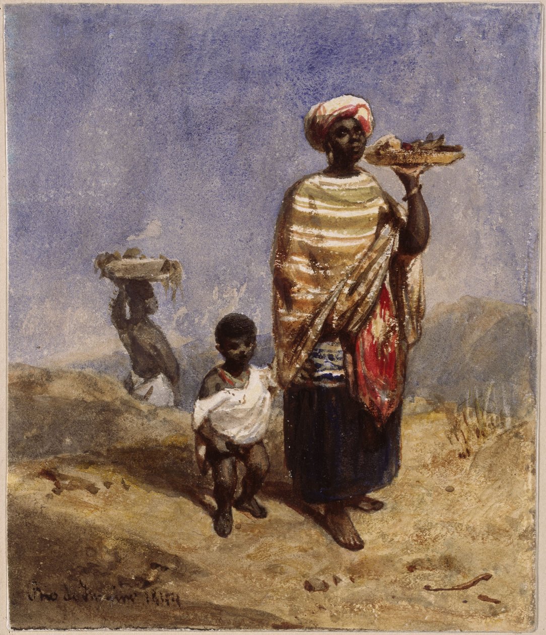 An Afro-Brazilian Woman Leading a Small Boy with Her Right Hand, Holding a Fruit Bowl with Her Left by Eduard Hildebrandt