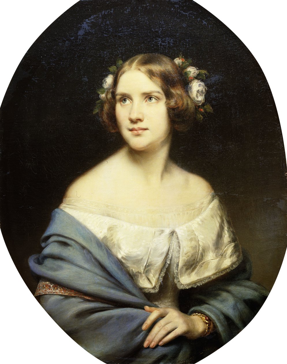 Portrait of Jenny Lind, Standing Half Length in a White Dress and a Light Blue Shawl by Eduard Magnus