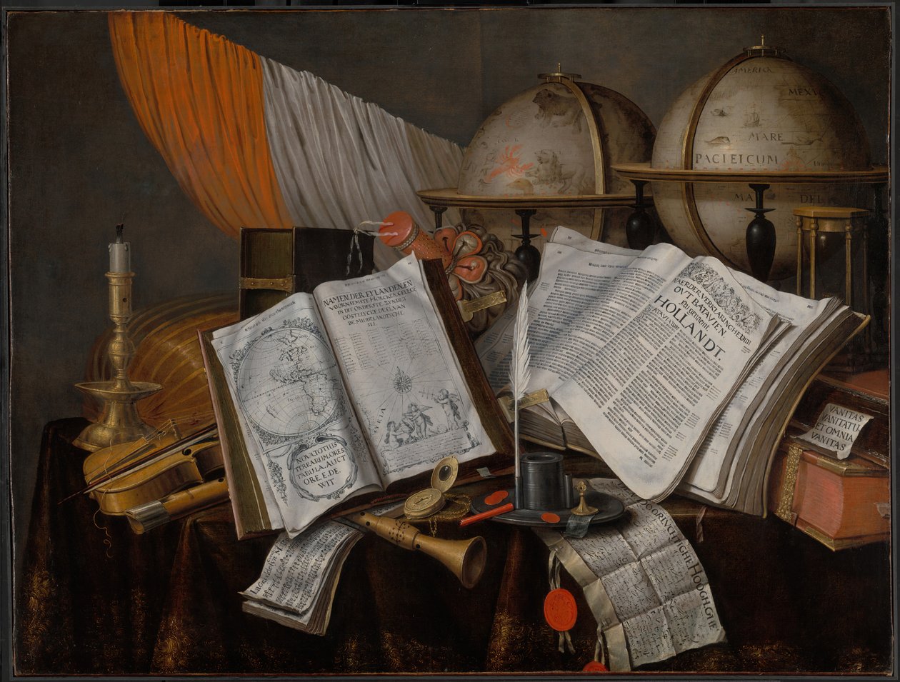A Vanitas Still Life with a Flag, Candlestick, Musical Instruments, Books, Writing Paraphernalia by Edwaert Collier