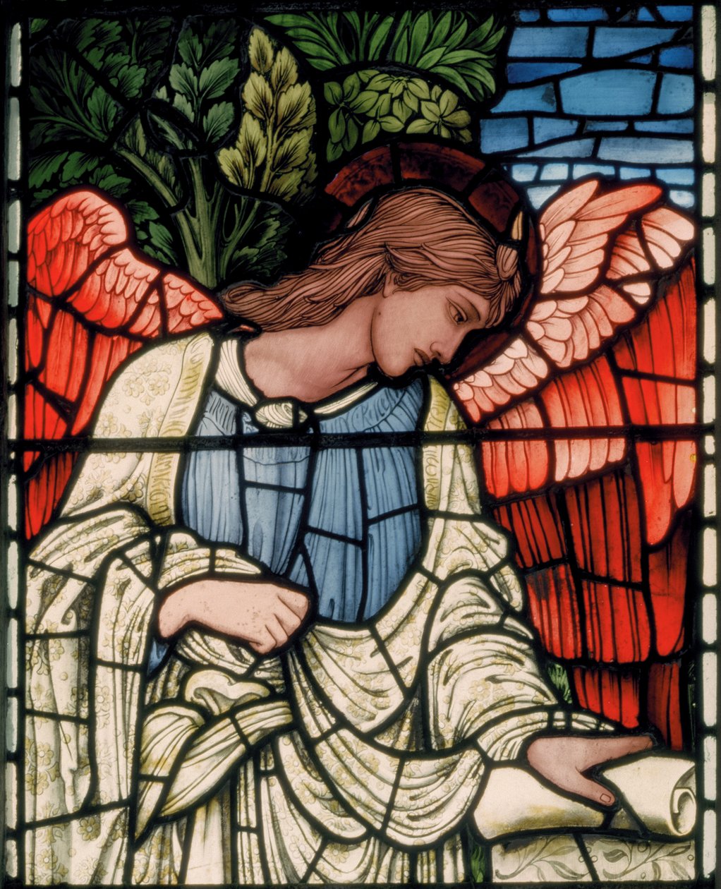 Birmingham, Acocks Green, St Mary The Virgin, Angel with Scroll (detail), 1895 by Edward Coley and Dearle Burne Jones