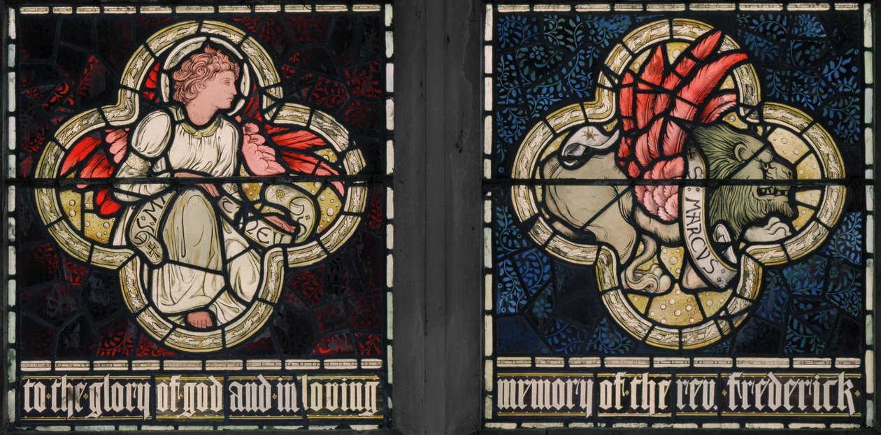 Birmingham, Acocks Green, St Mary The Virgin, Symbols of The Evangelists, St Matthew & St Mark, 1895 by Edward Coley and Dearle Burne Jones
