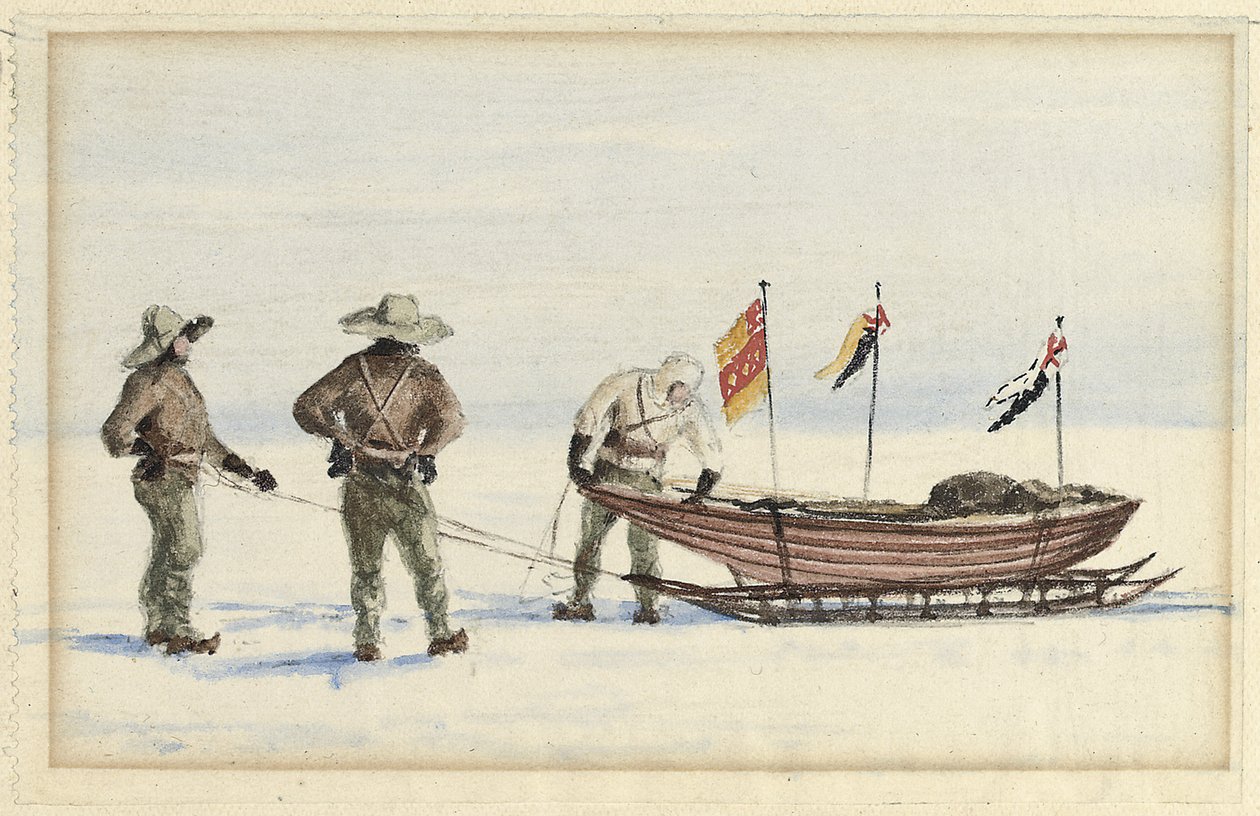 The Sledge Party to White Island, February 1902: Shackleton, Wilson and Ferrar Preparing to Set Out by Edward Adrian Wilson