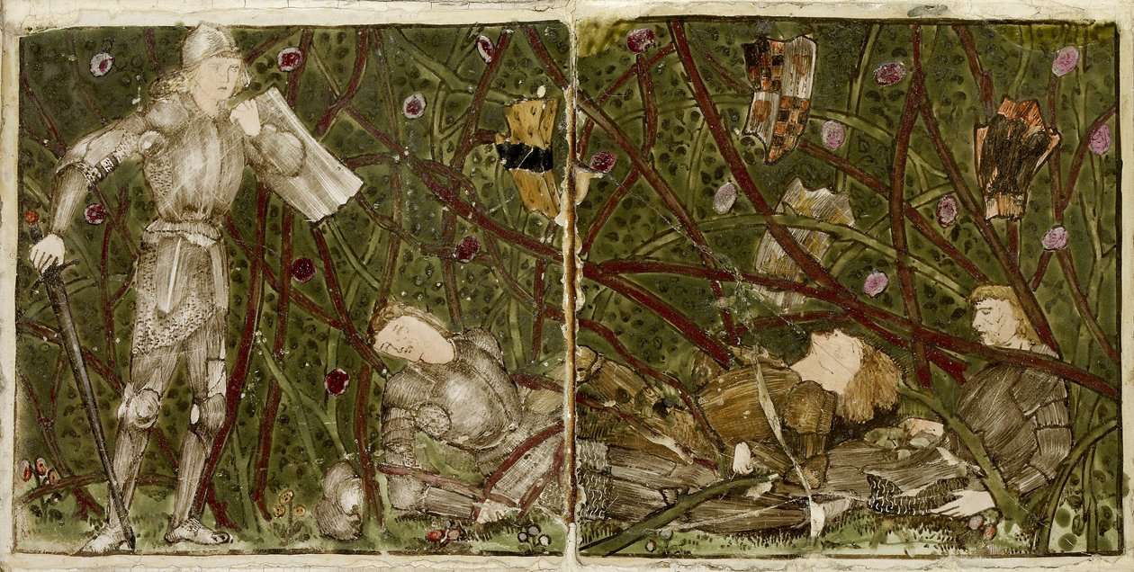 A set of sixteen tiles arranged in pairs to form eight illustrations of the 