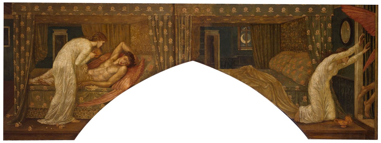 Cupid and Psyche - Palace Green Murals - Psyche Holding the Lamp Gazes on the Face of Sleeping Cupid and Psyche Abandoned by Edward Burne Jones