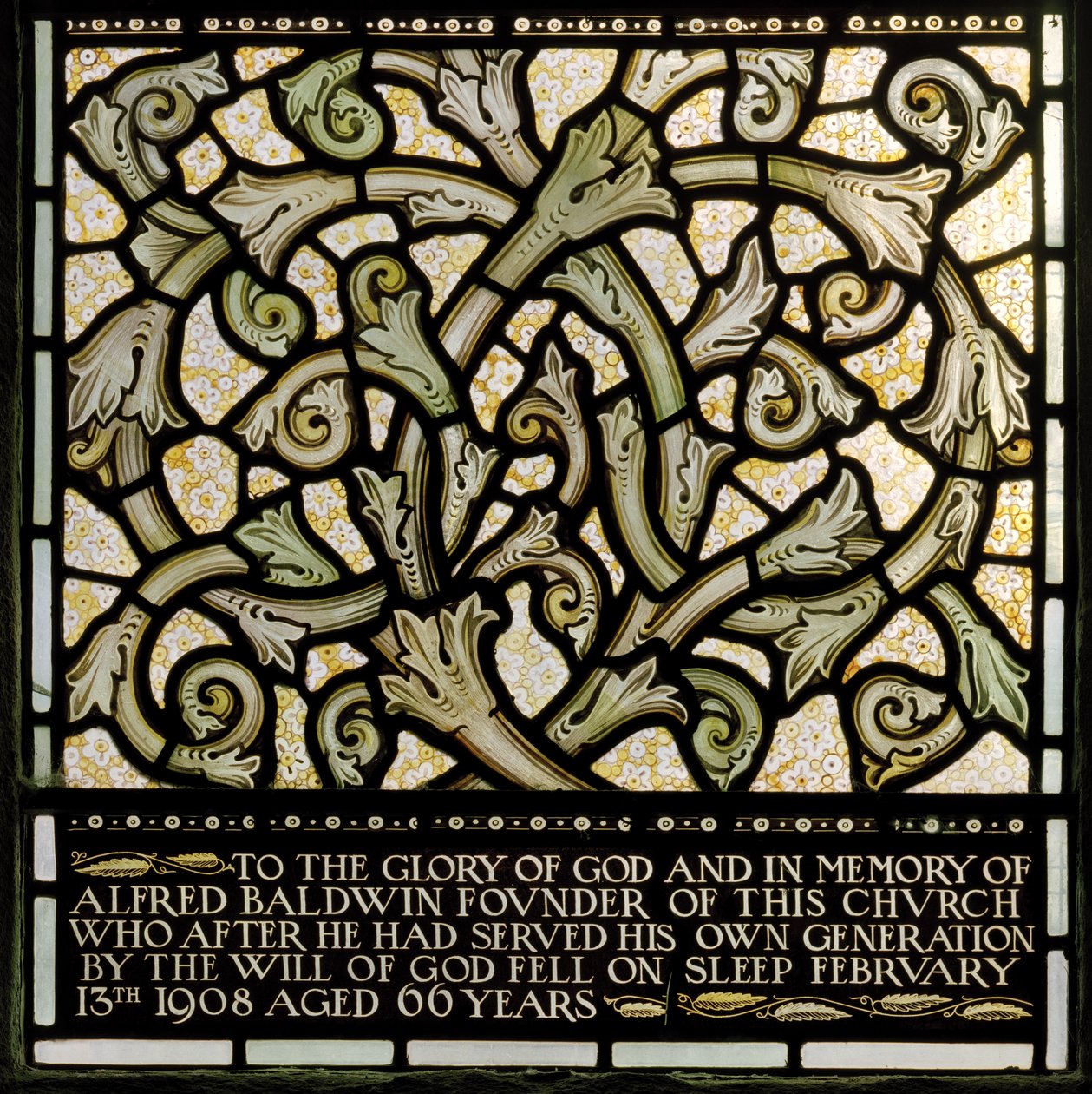 Dedication to Alfred Baldwin from The Joshua Window by Edward Coley and Dearle Burne Jones