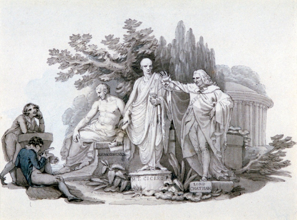 Two Youths Contemplating Statues of Demosthenes, Cicero and Pitt by Edward Francis Burney