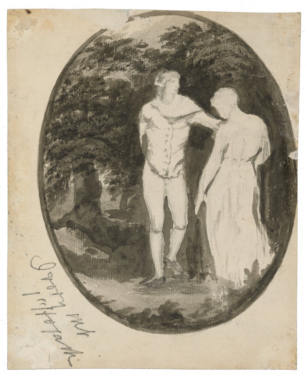 A Couple in a Wooded Landscape set in an oval (verso), c. 1838-1848 by Edward Lear