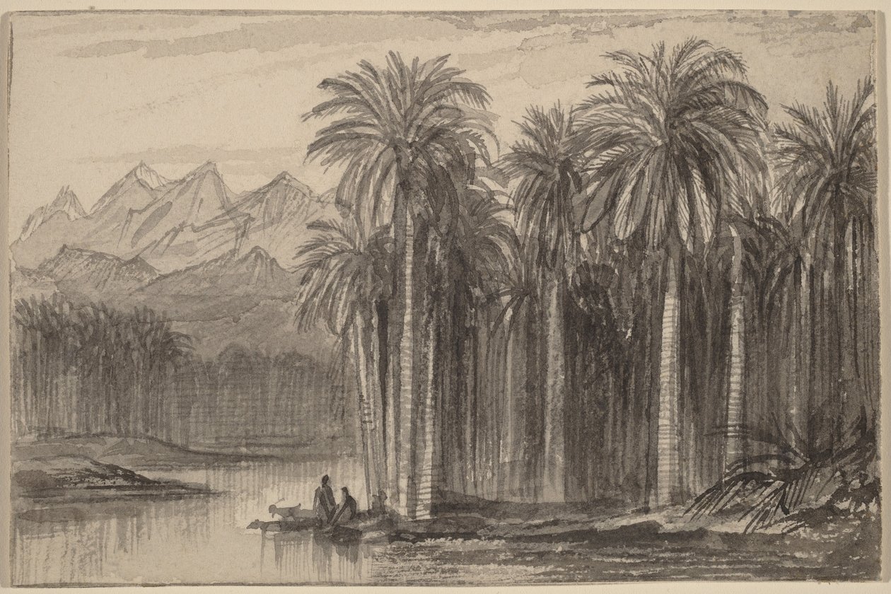 Figures Setting Out in Canoes from a Palm Grove (Wady Feiran) by Edward Lear