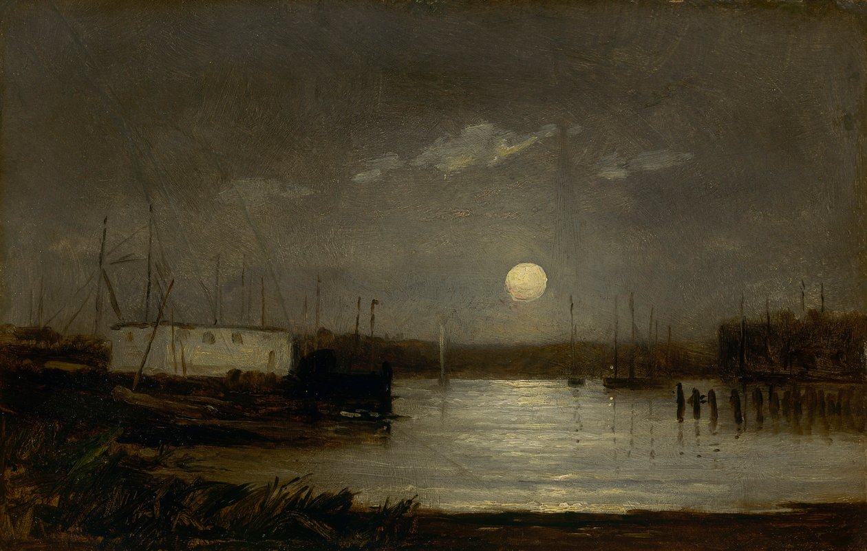 Untitled (moon over a harbor, wharf scene with full moon and masts of boats) by Edward Mitchell Bannister