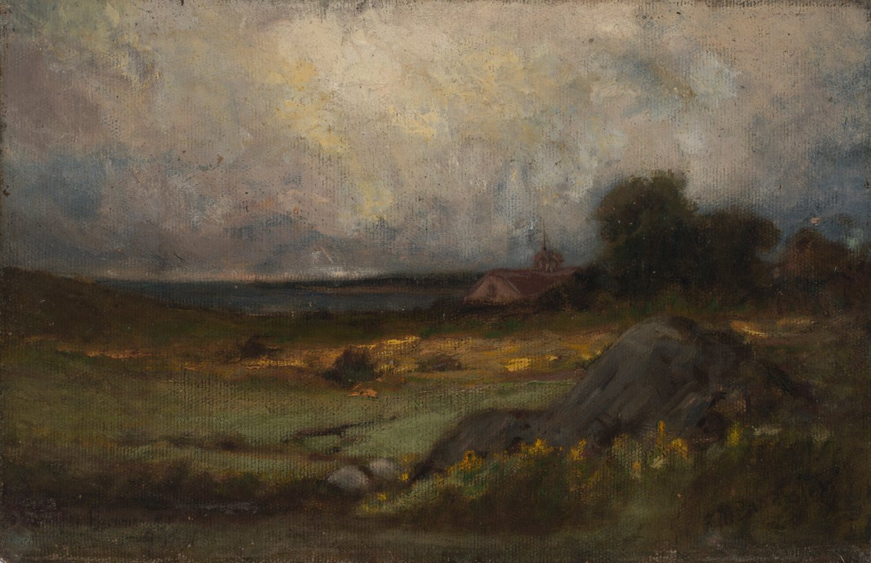 Untitled Landscape with Rock in Foreground and Roof with Steeple, Lake in Background by Edward Mitchell Bannister