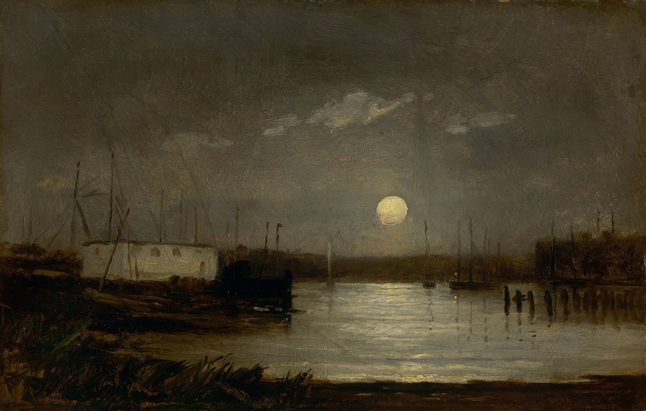 Untitled Moon Over a Harbor, Wharf Scene with Full Moon and Masts of Boats by Edward Mitchell Bannister