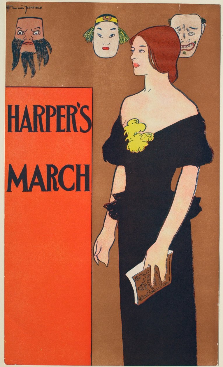 Standing Girl with Book, 3 Masks on Wall, March Harper