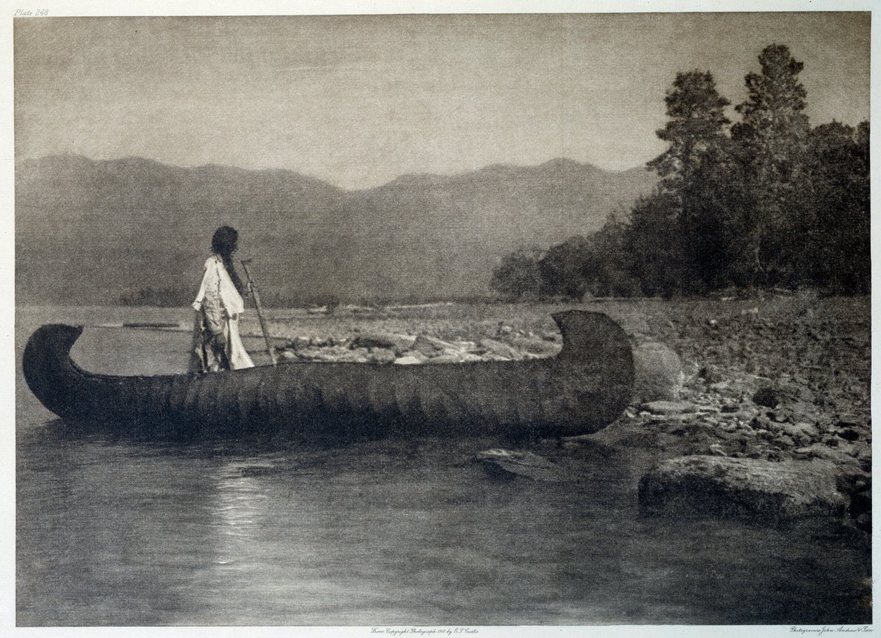 Indians of America: an Indian on a canoe boat in southern Flathead Lake, Montana by Edward Sheriff Curtis