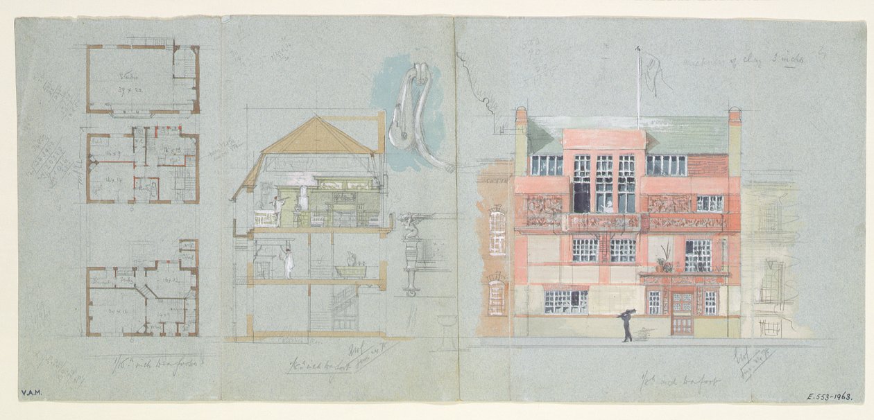 Front Elevation and Section for House and Studio for Frank Miles, Tite Street, Chelsea, 1878-79 by Edward William Godwin