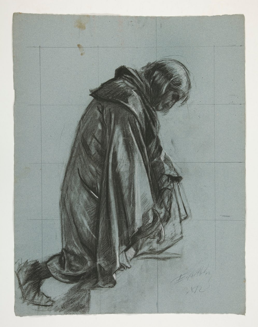 Figure study for Sir Lancelot and Sir Bors outfit Galahad with his spurs, from The Quest of the Holy Grail (second of a series of fifteen paintings for the Boston Public Library, completed in 1901) by Edwin Austin Abbey