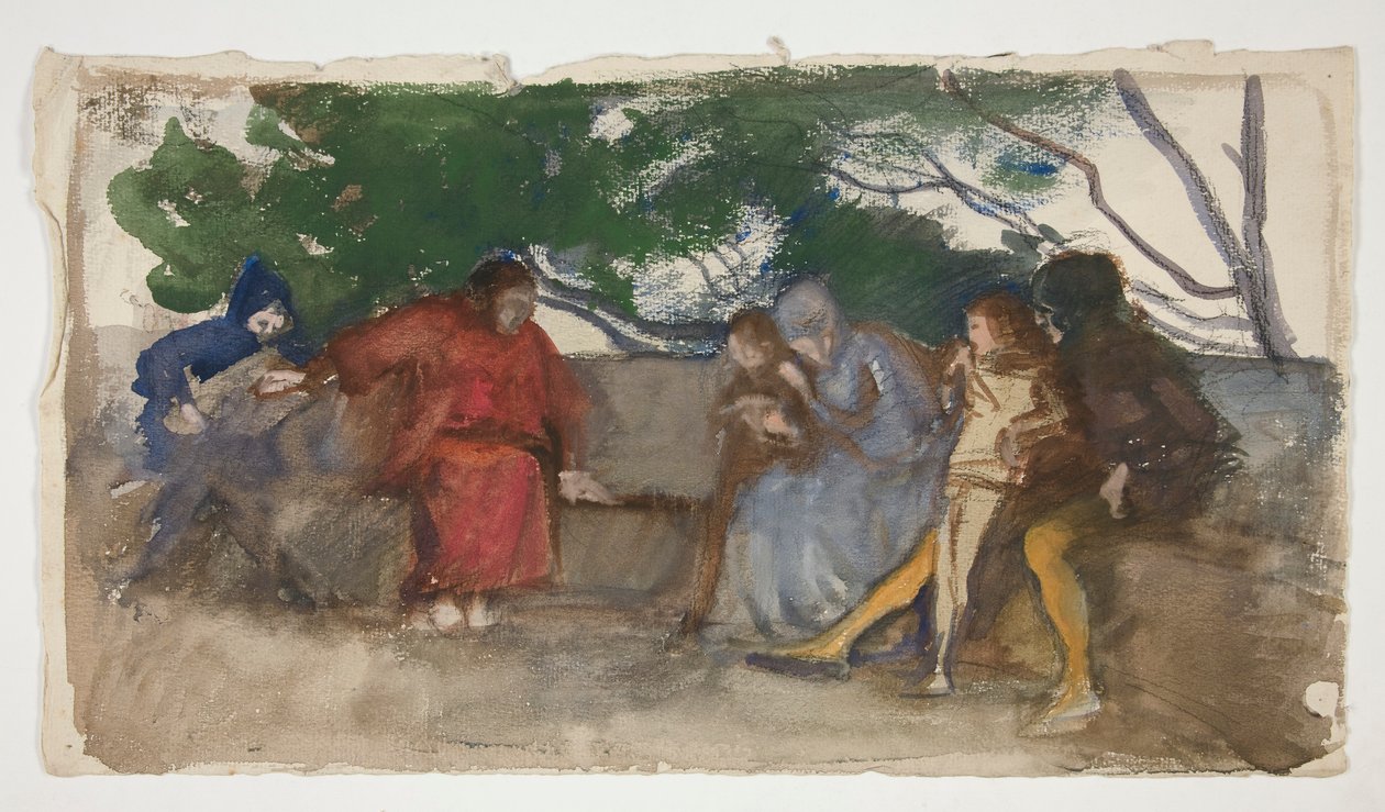 Figures Seated Along an Outdoor Bench by Edwin Austin Abbey