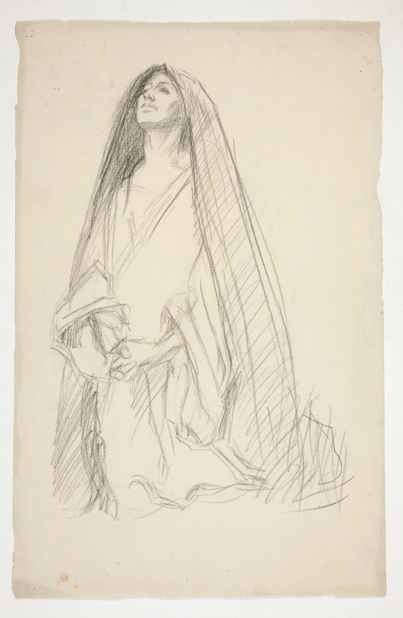 Sketch of a cloaked female figure in prayer for Three Marys at the Cross by Edwin Austin Abbey