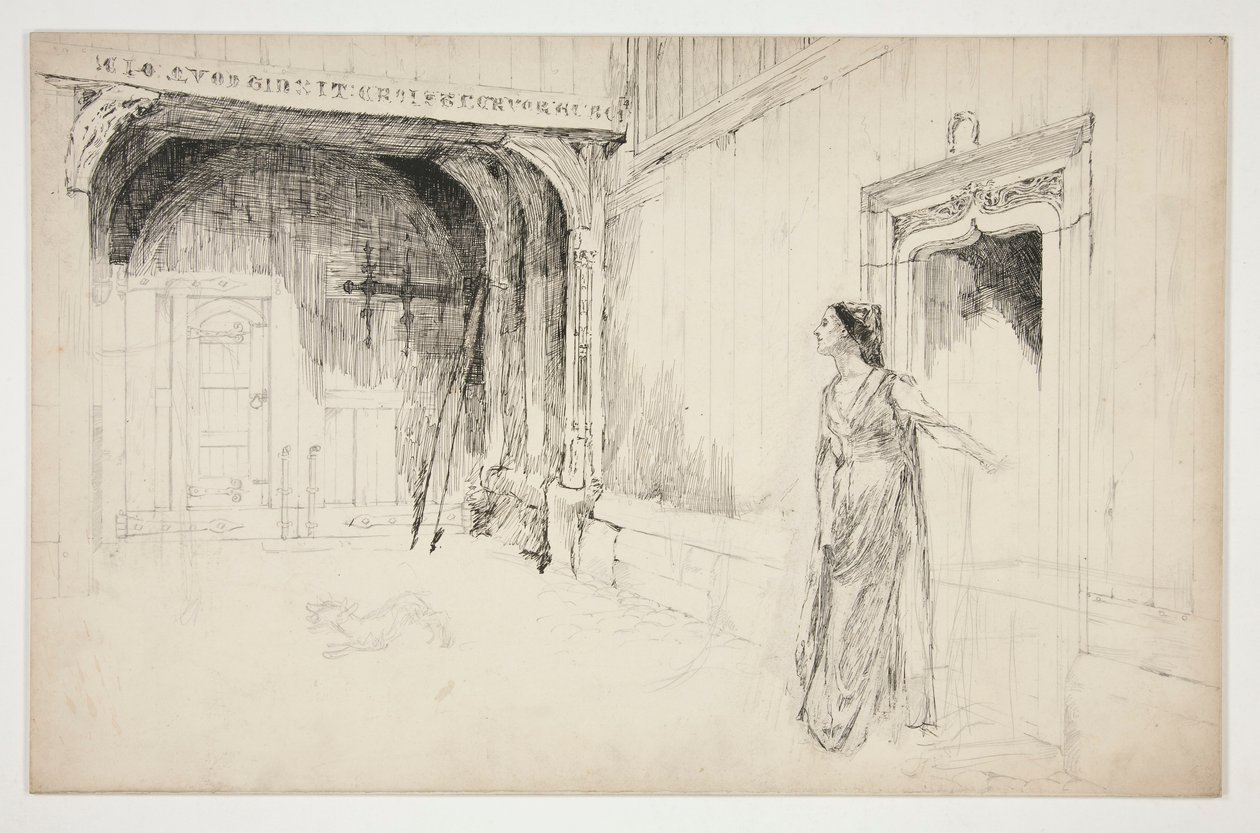 Woman and Dog in an Interior (unidentified illustration for a play?) by Edwin Austin Abbey
