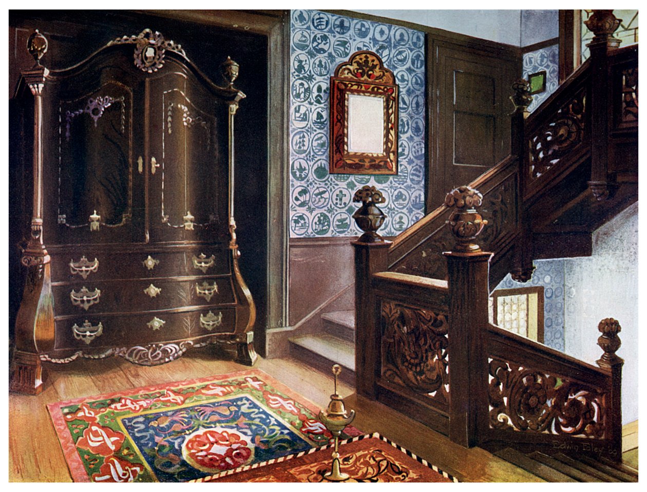 Carved walnut bombe armoire with chased mounts, 1910 by Edwin Foley