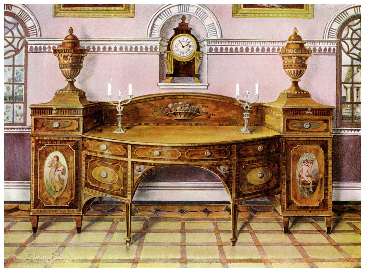 Painted and Inlaid Satinwood Sideboard and Mahogany Bracket Clock by Edwin Foley