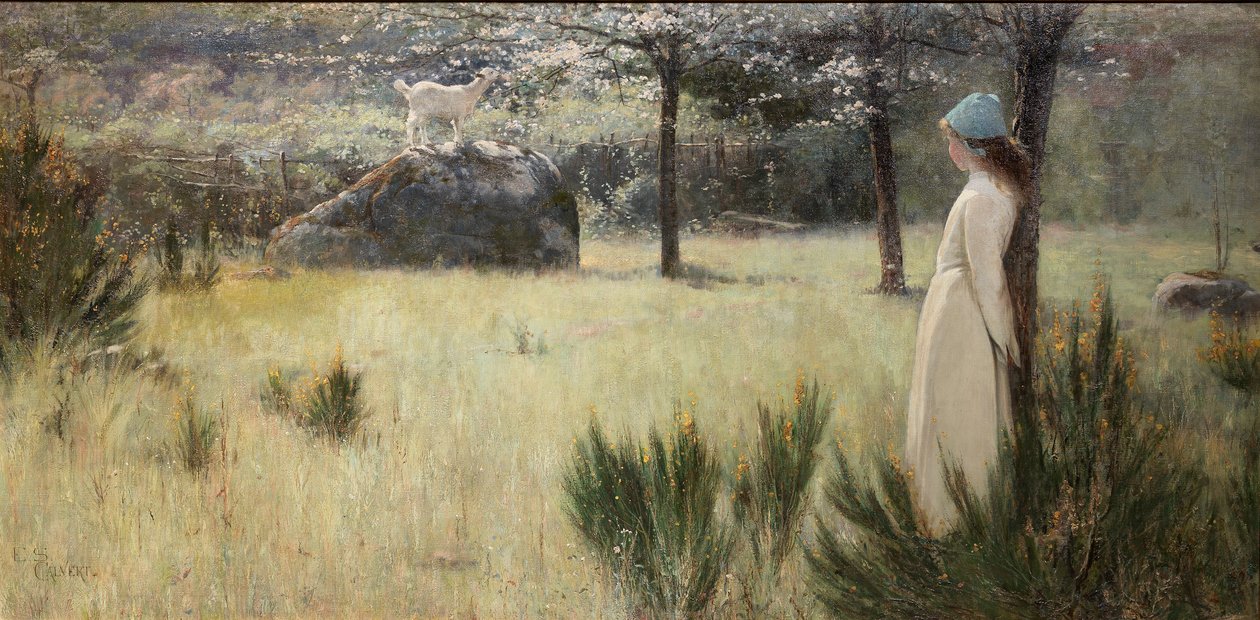 The Young Shepherdess and Her Goat in a Springtime Pasture by Edwin Sherwood Calvert