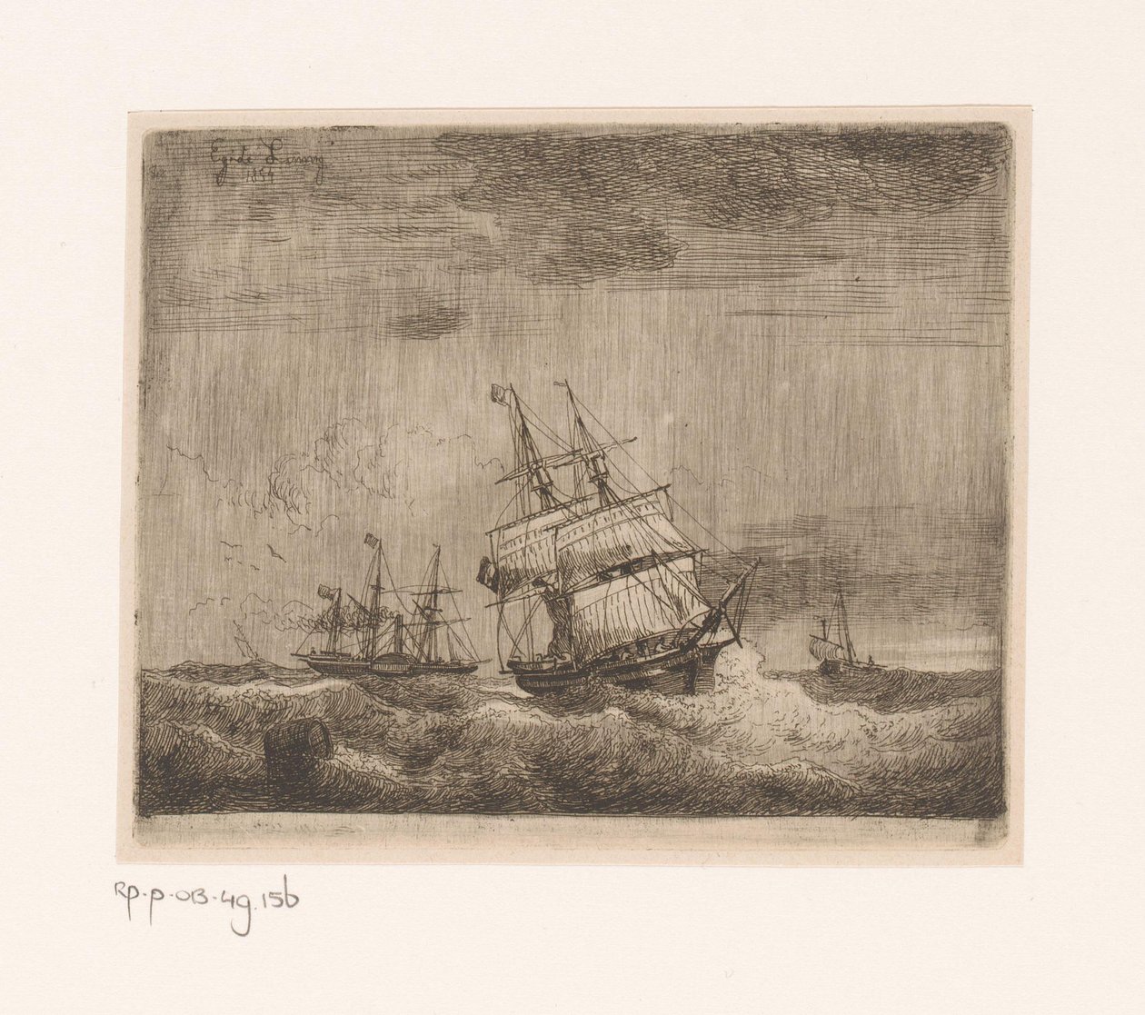 Sailing Ships and a Paddle Steamer at Sea by Egidius Linnig
