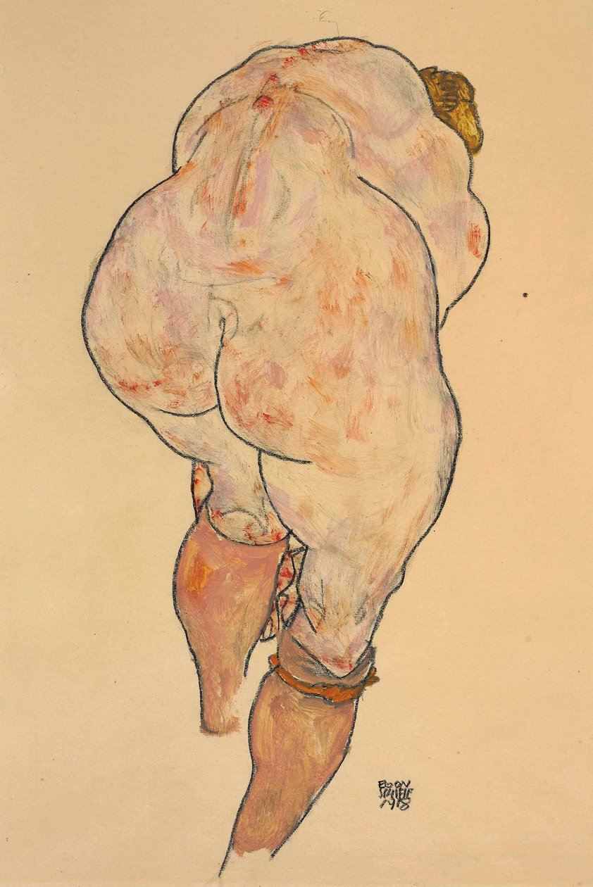 Female Nude Pulling up Stockings, Back View, 1918 by Egon Schiele