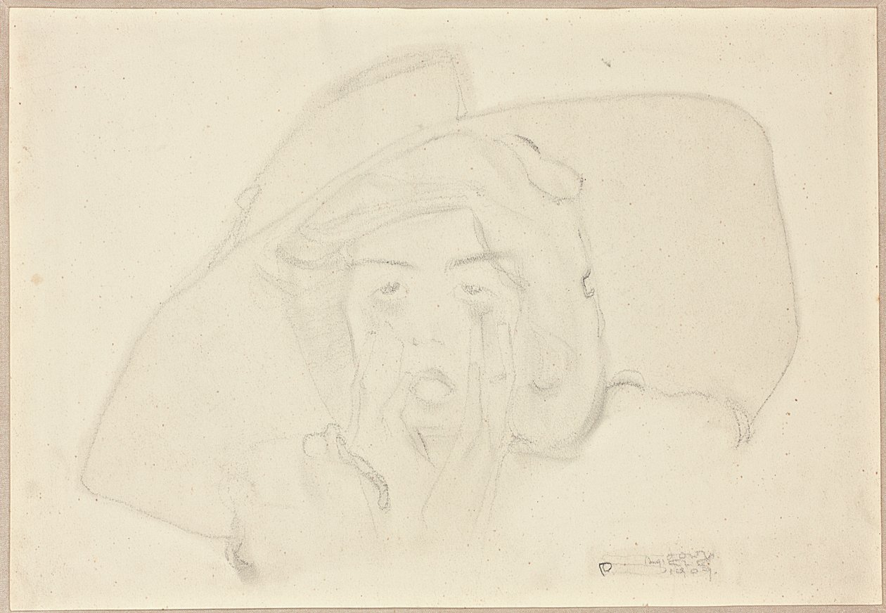Head of a shouting young woman with large hat, chin supported by hands by Egon Schiele