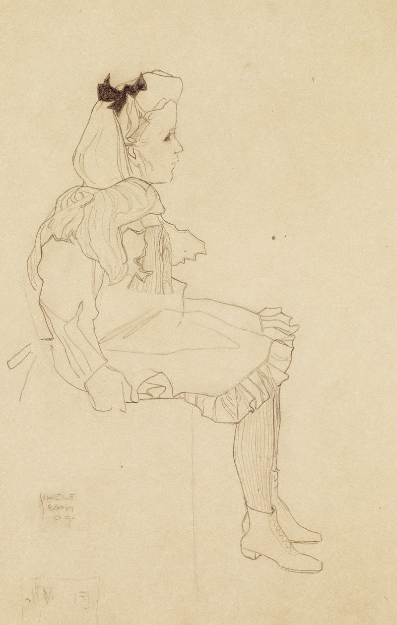Seated Girl with a Bow in Her Hair by Egon Schiele