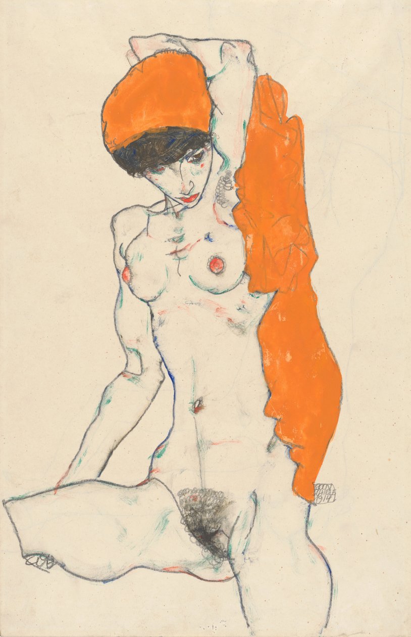 Standing Nude with Orange Drapery by Egon Schiele