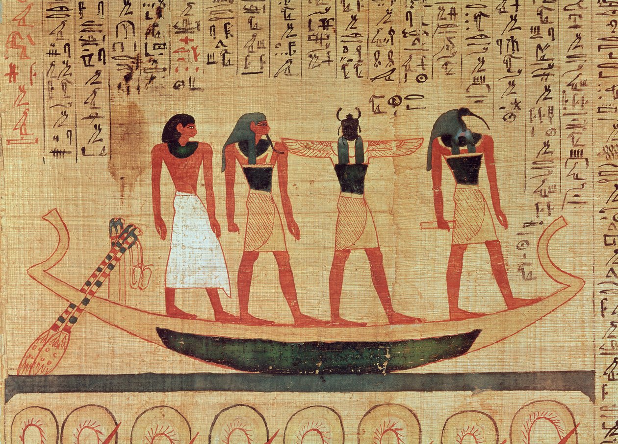 Papyrus depicting a man being transported on a barque to the afterlife by Thoth, Khepri and another god by Egyptian