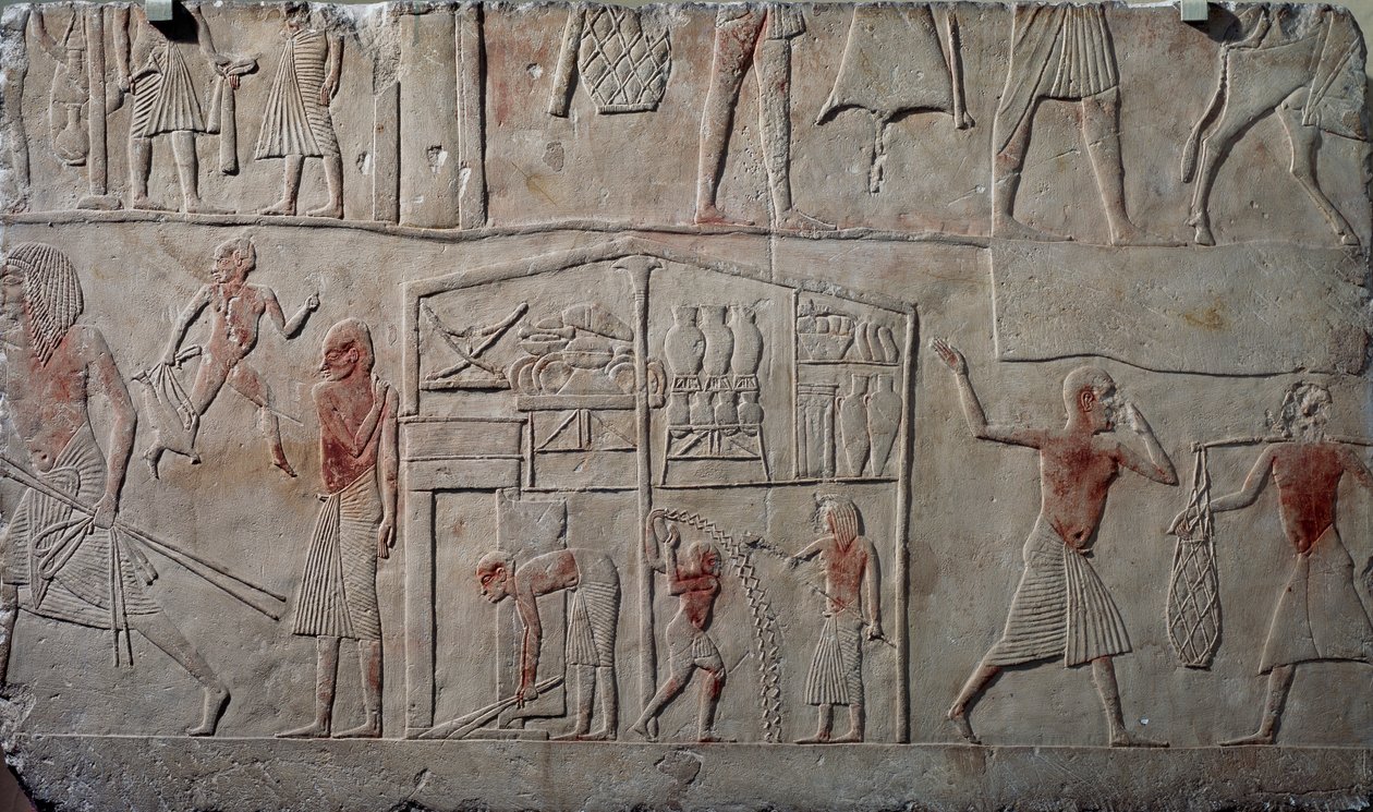Arrangement of food in warehouses, limestone wall relief, from Memphite ...