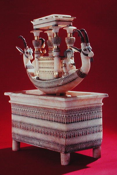 Chest with a boat decorated with two heads of a Syrian ibex and two female figures thought to be Princess Mutnedjmet, from the tomb of Tutankhamun by Egyptian 18th Dynasty