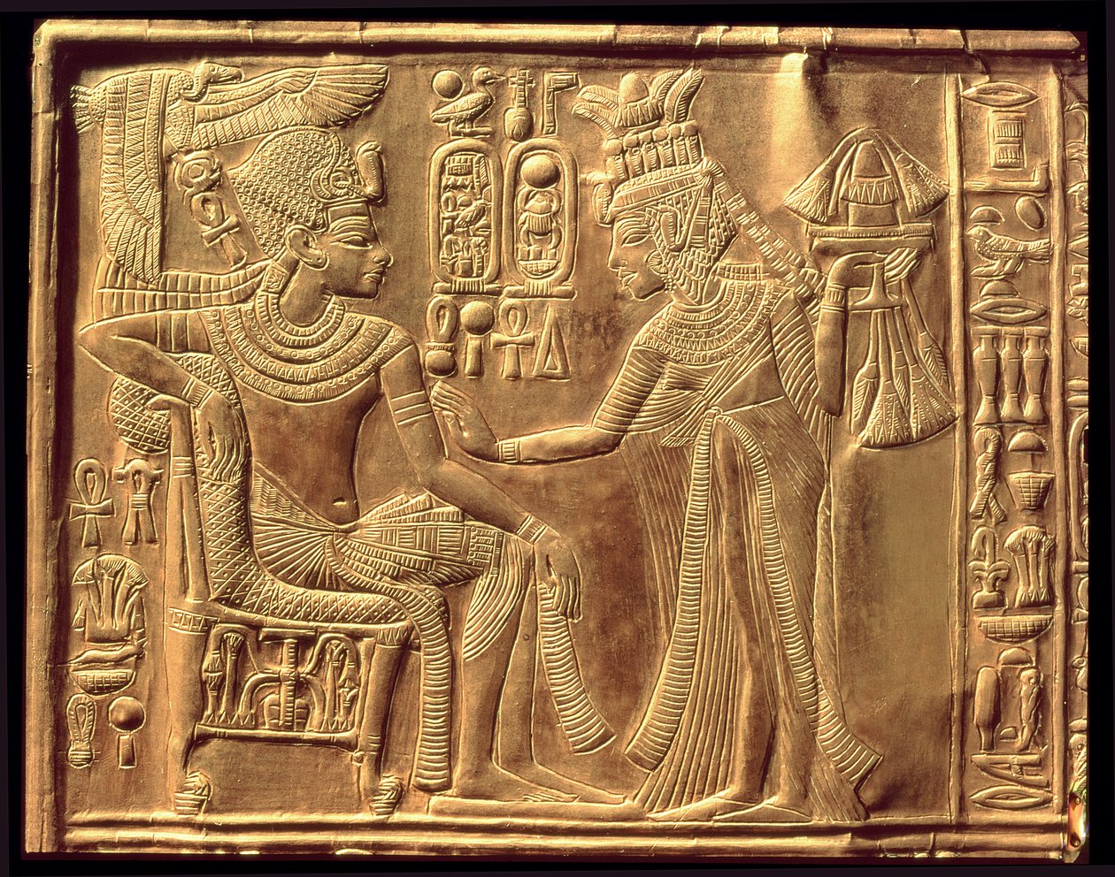 Detail from the Golden Shrine of Tutankhamun depicting the Queen anointing him with scented unguent, New Kingdom (detail) by Egyptian 18th Dynasty