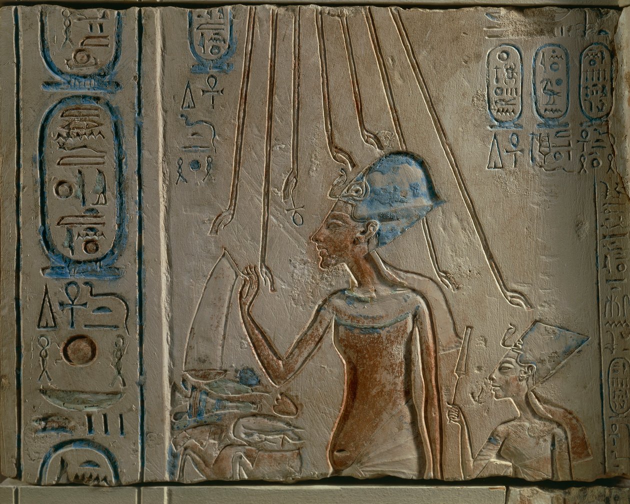 Egyptian Engravement Representing Akhenaten and Nefertiti Worshipping Solar Disc by Egyptian 18th Dynasty