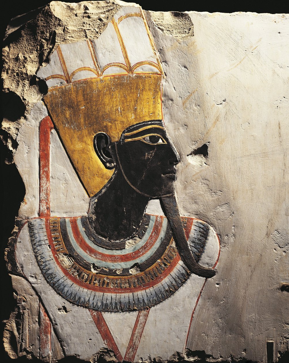 Limestone blocks painted with reliefs depicting God Amun-Min, from Temple of Tuthmosis III at Deir el-Bahari, Egypt by Egyptian 18th Dynasty