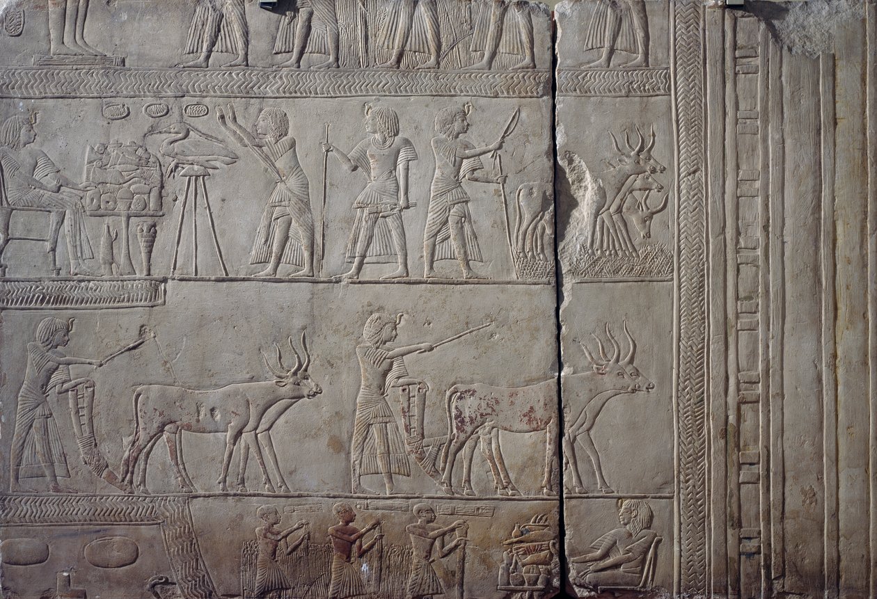 Pharaoh Horemheb, depicted while doing agricultural work in fields of Iaru, receiving harvest offered by farmers by Egyptian 18th Dynasty
