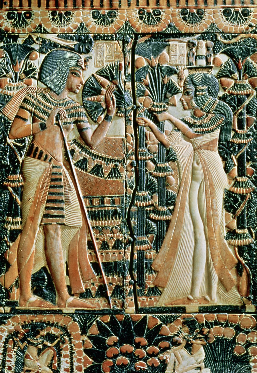 Plaque from the lid of a coffer showing Tutankhamun and his wife Ankhesenamun in a garden by Egyptian 18th Dynasty