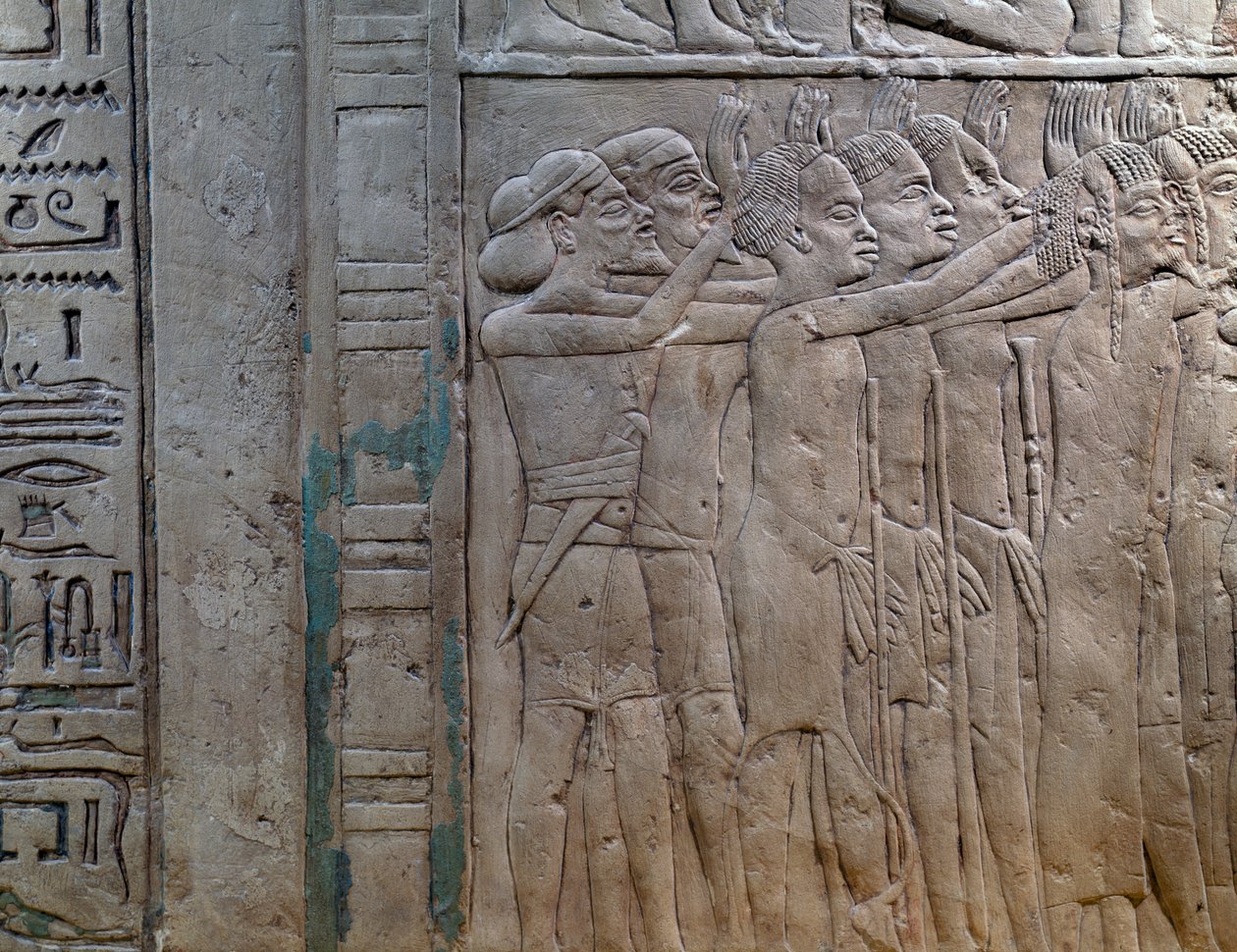Princes of Nubia, Libya, Syria and Palestine coming to pay homage to king, bas-relief in limestone, from Memphite Tomb of Horemheb, at Saqqara, New Kingdom, Dynasty XVIII by Egyptian 18th Dynasty