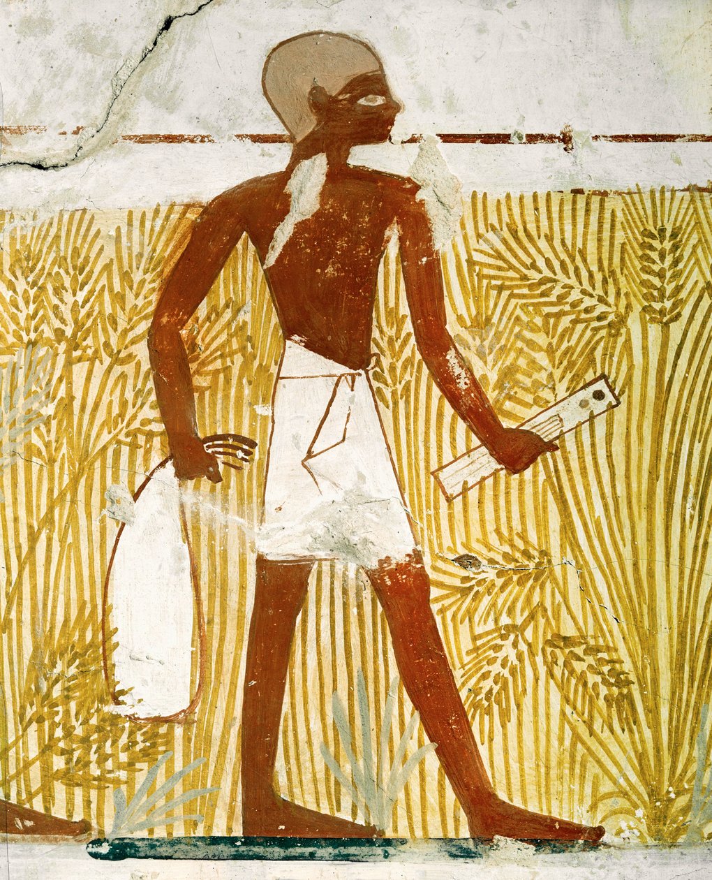 Scribe with reed pen box measuring grain