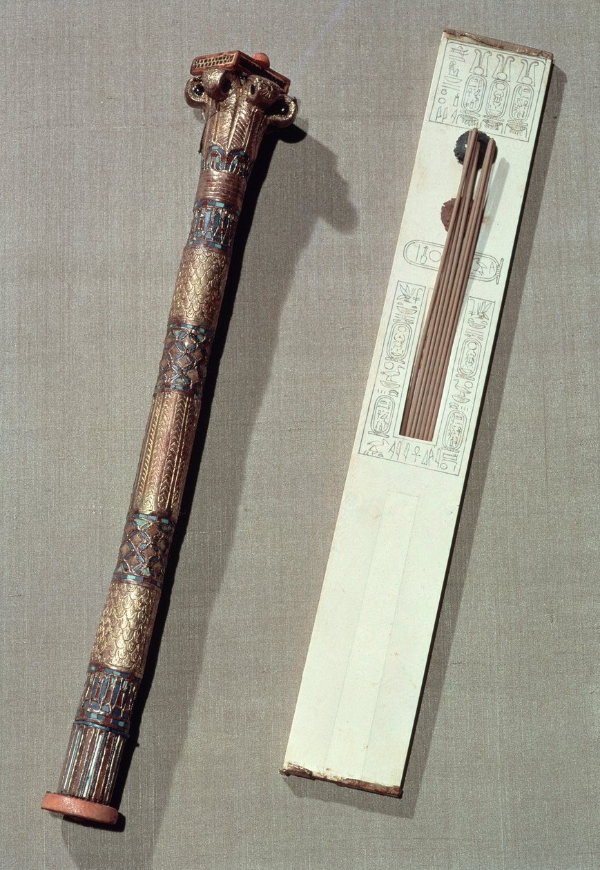 Scribe's palette and a case for writing reeds, from the tomb of Tutankhamun