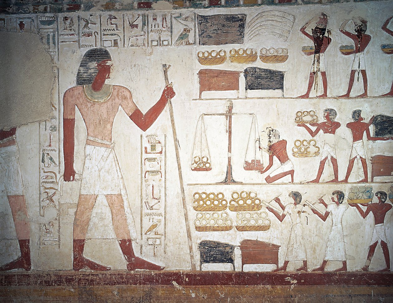 The weighing of copper, fresco, Tomb of Userhat by Egyptian 18th Dynasty